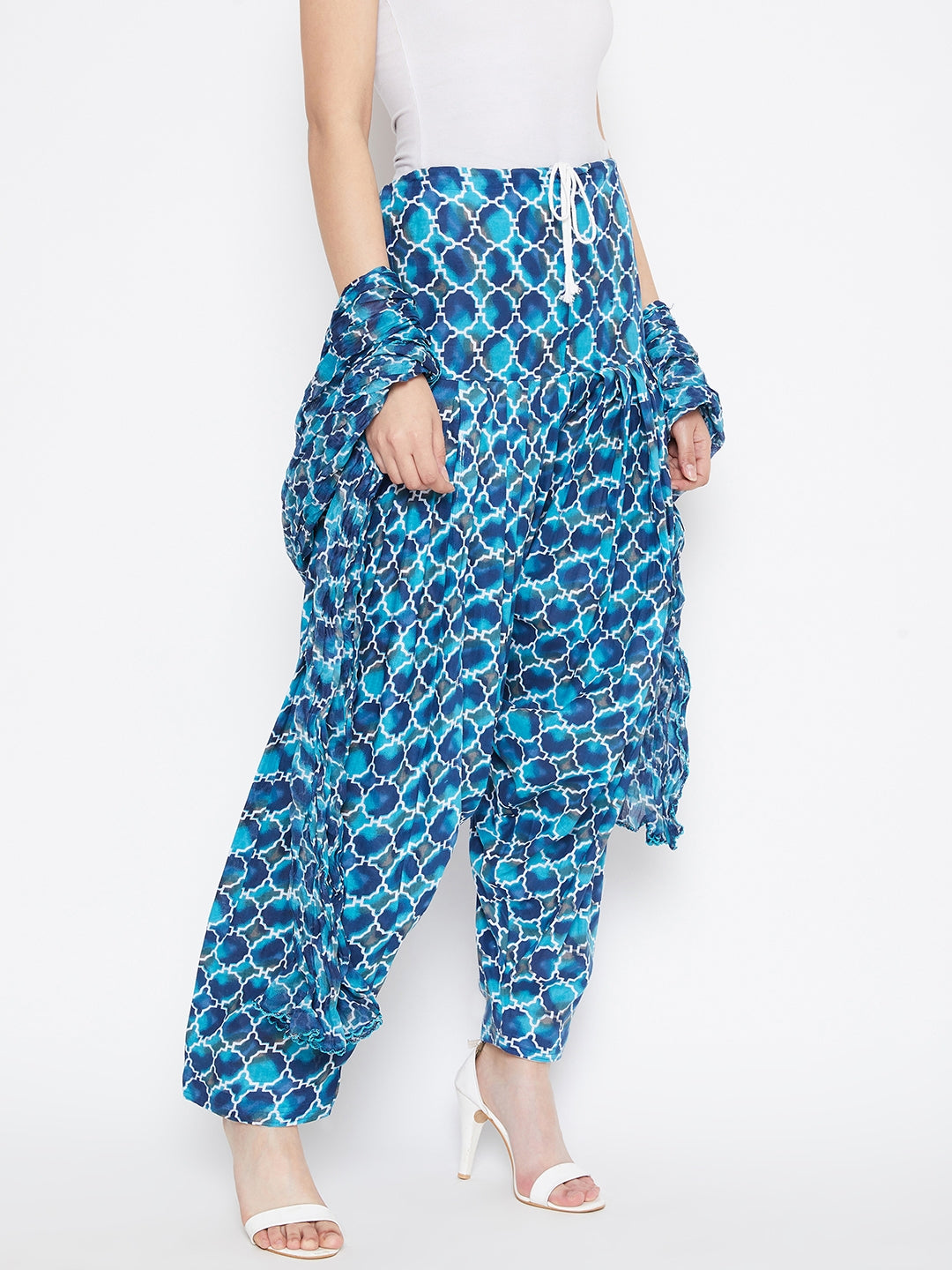 Blue Agate Printed Cotton Patiala with Dupatta