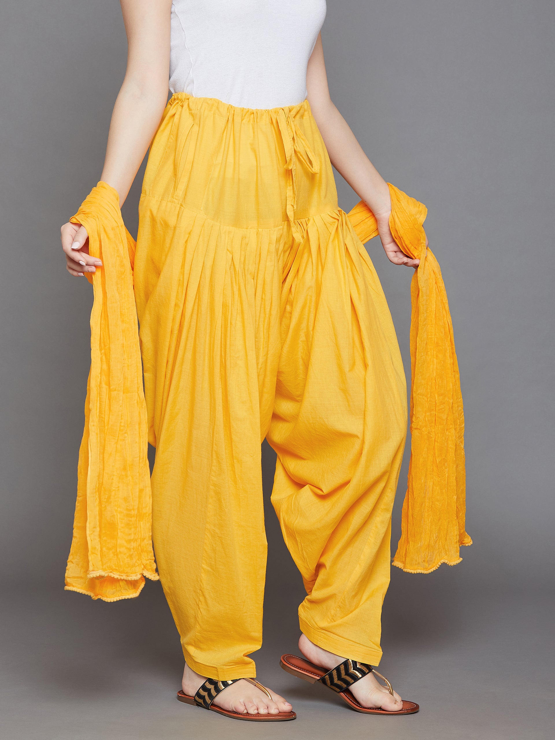 Yellow Cotton Plain Patiala with Dupatta