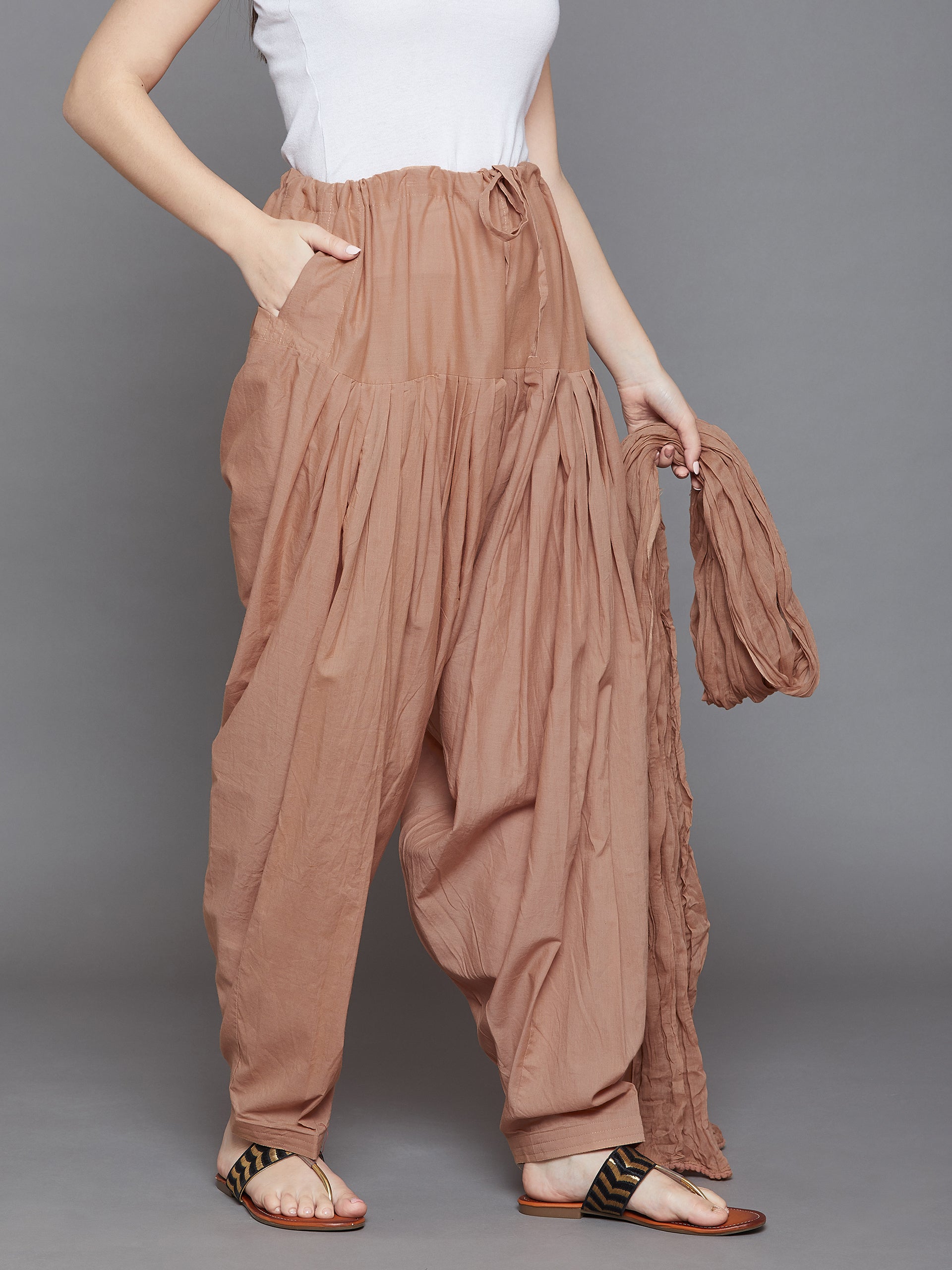Brown Cotton Plain Patiala with Dupatta