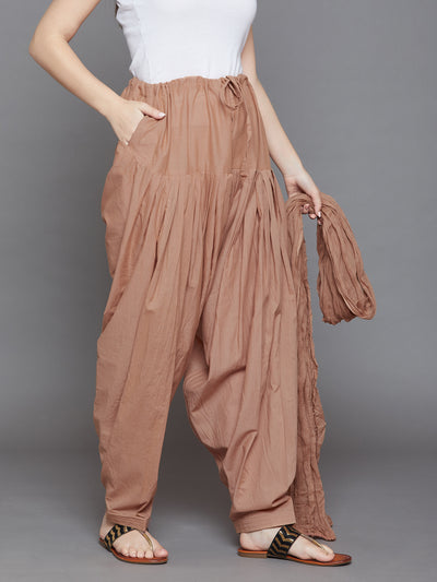 Brown Cotton Plain Patiala with Dupatta