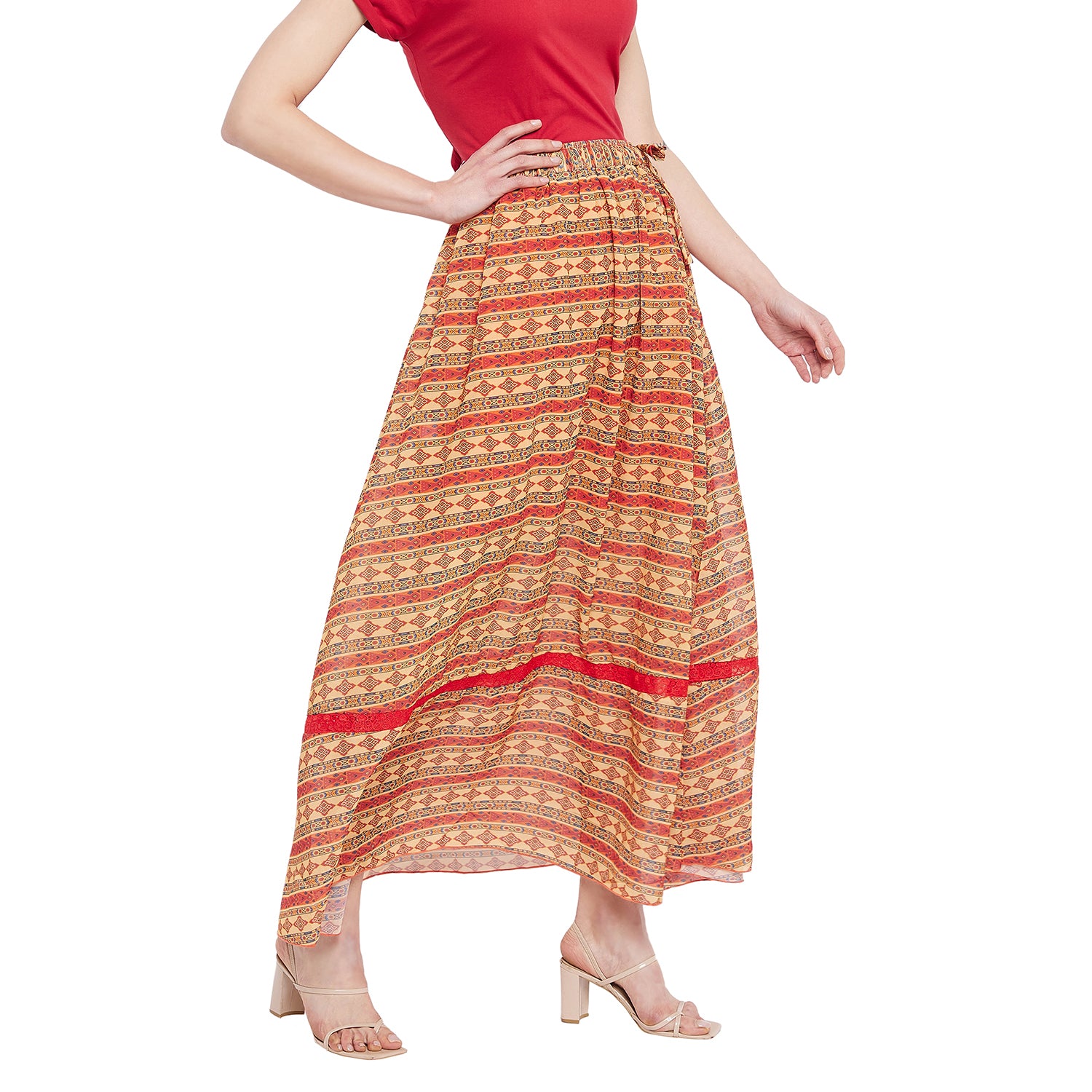 Abstract Print Red Net Lace Skirt