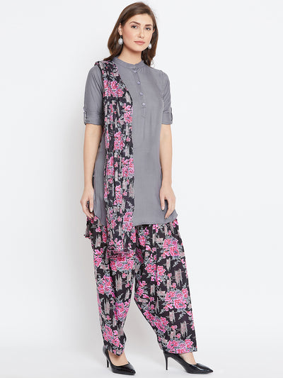 Baroque Print Patiala with Elephant Grey Kurti Set
