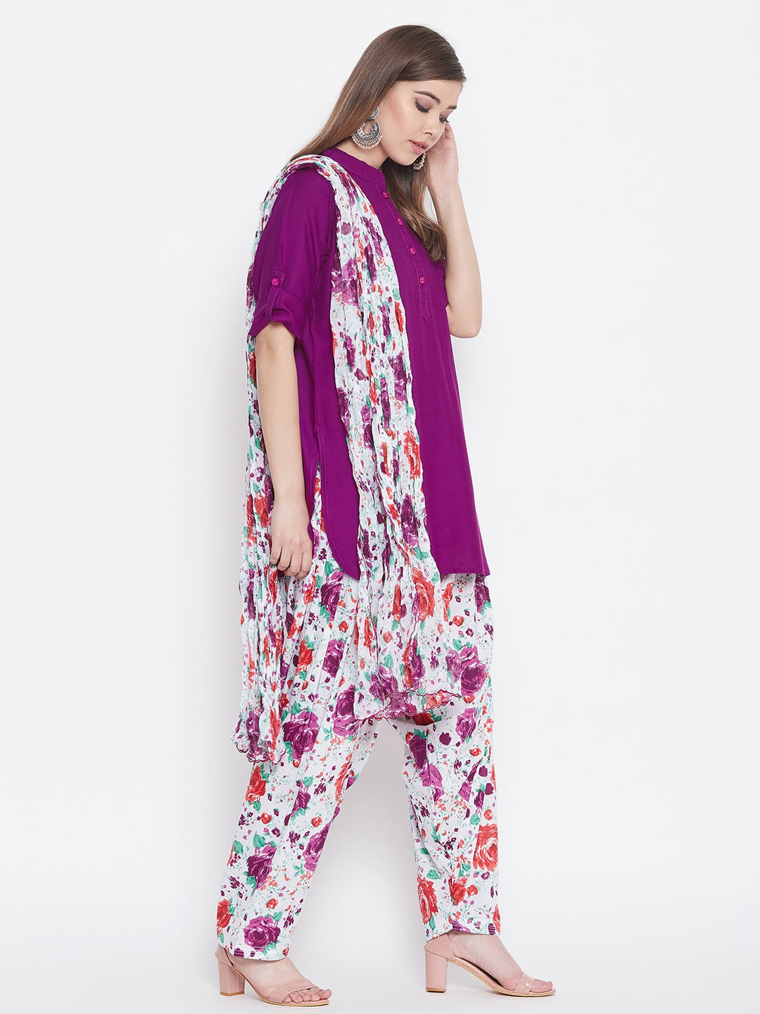 Floral Print Patiala with Purple Kurti Set