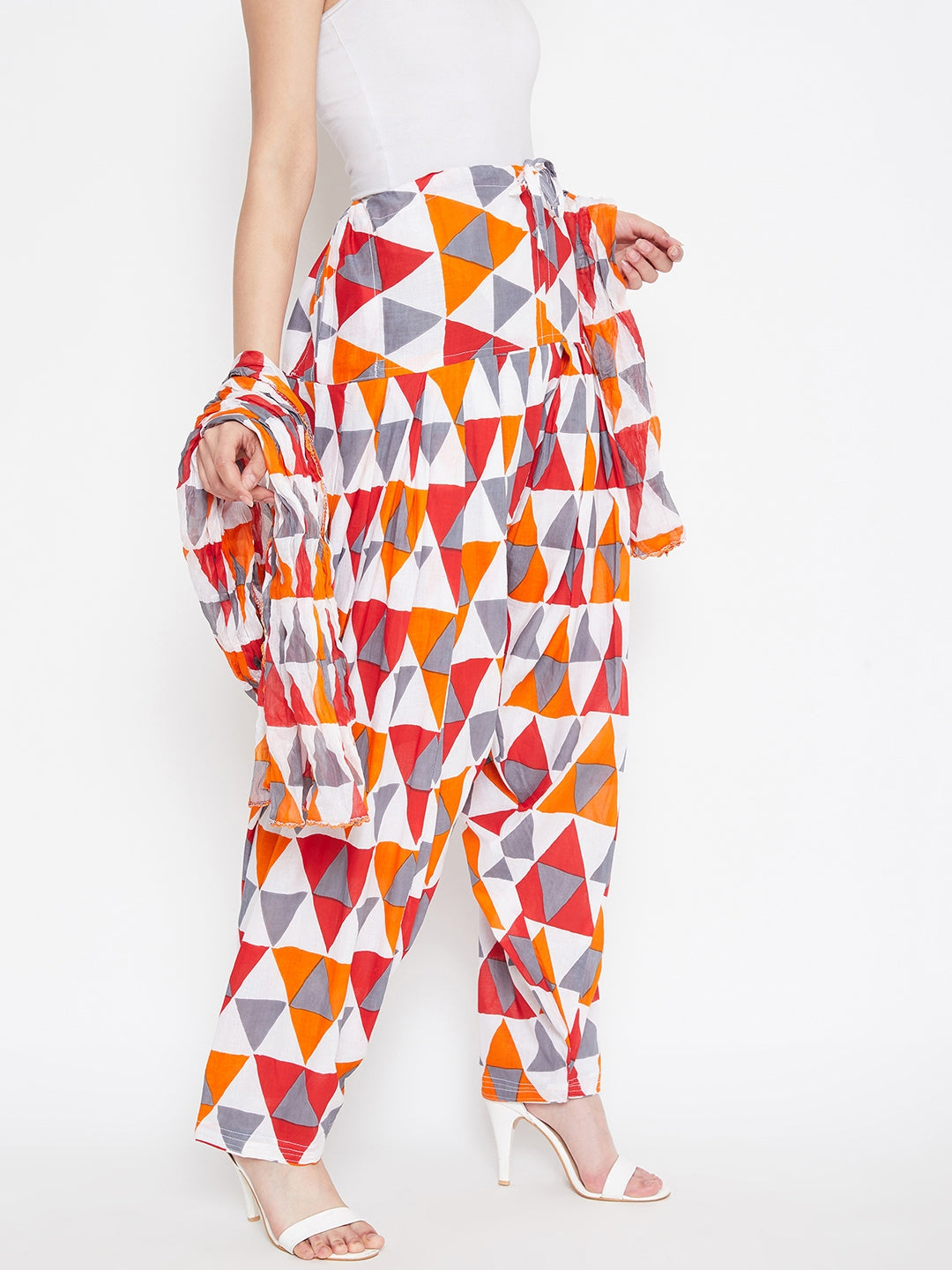 Multicolour Geometric Pattern Printed Cotton Patiala with Dupatta