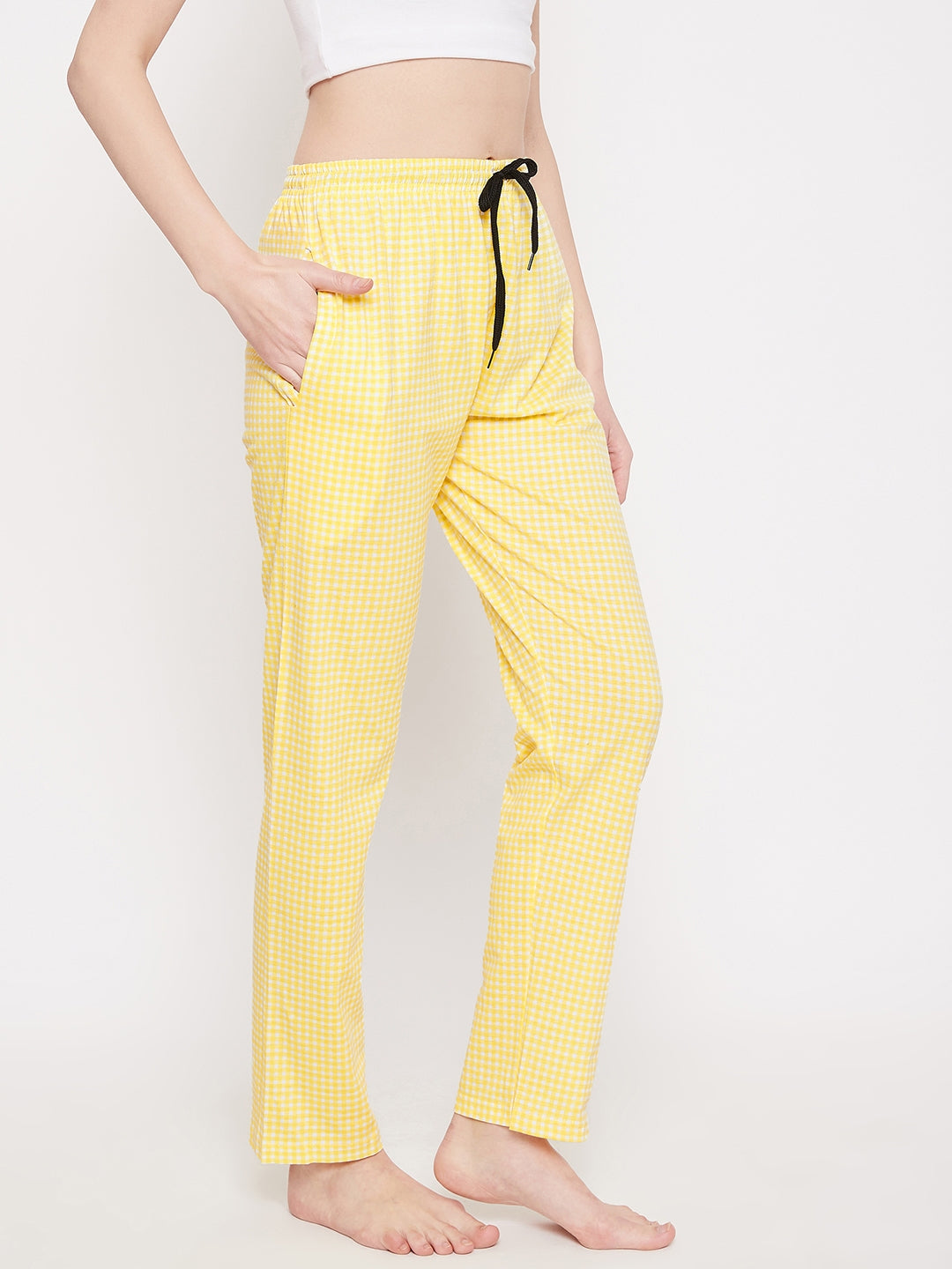 Women's Yellow Checks Printed Pajama