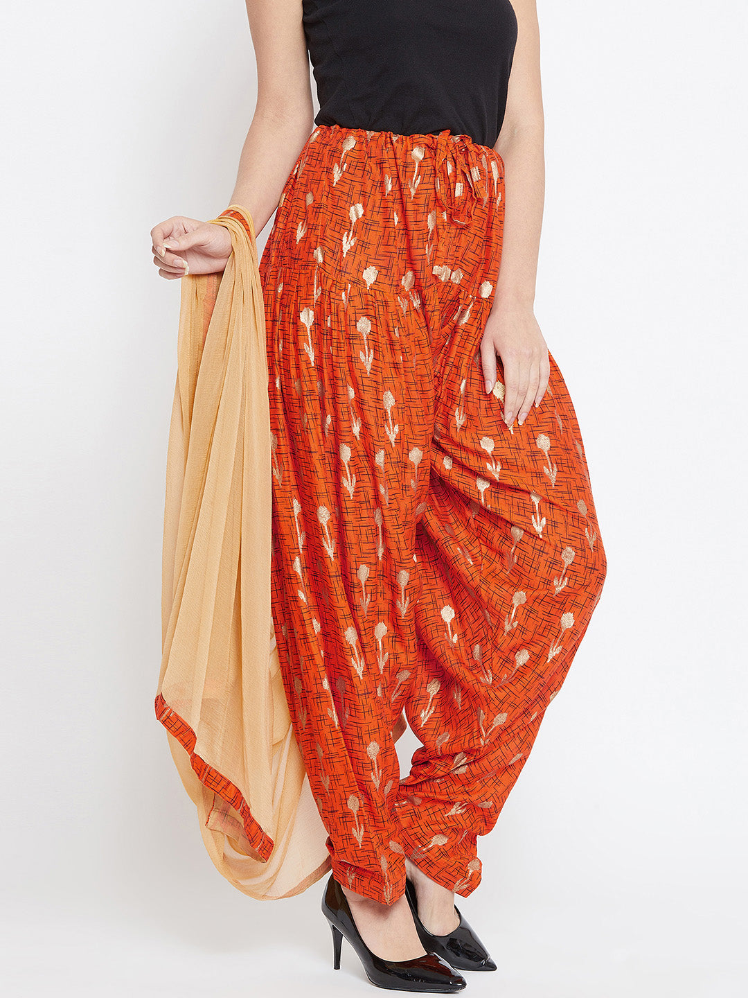 Orange Abstract with Foil Print Rayon Patiala with Dupatta