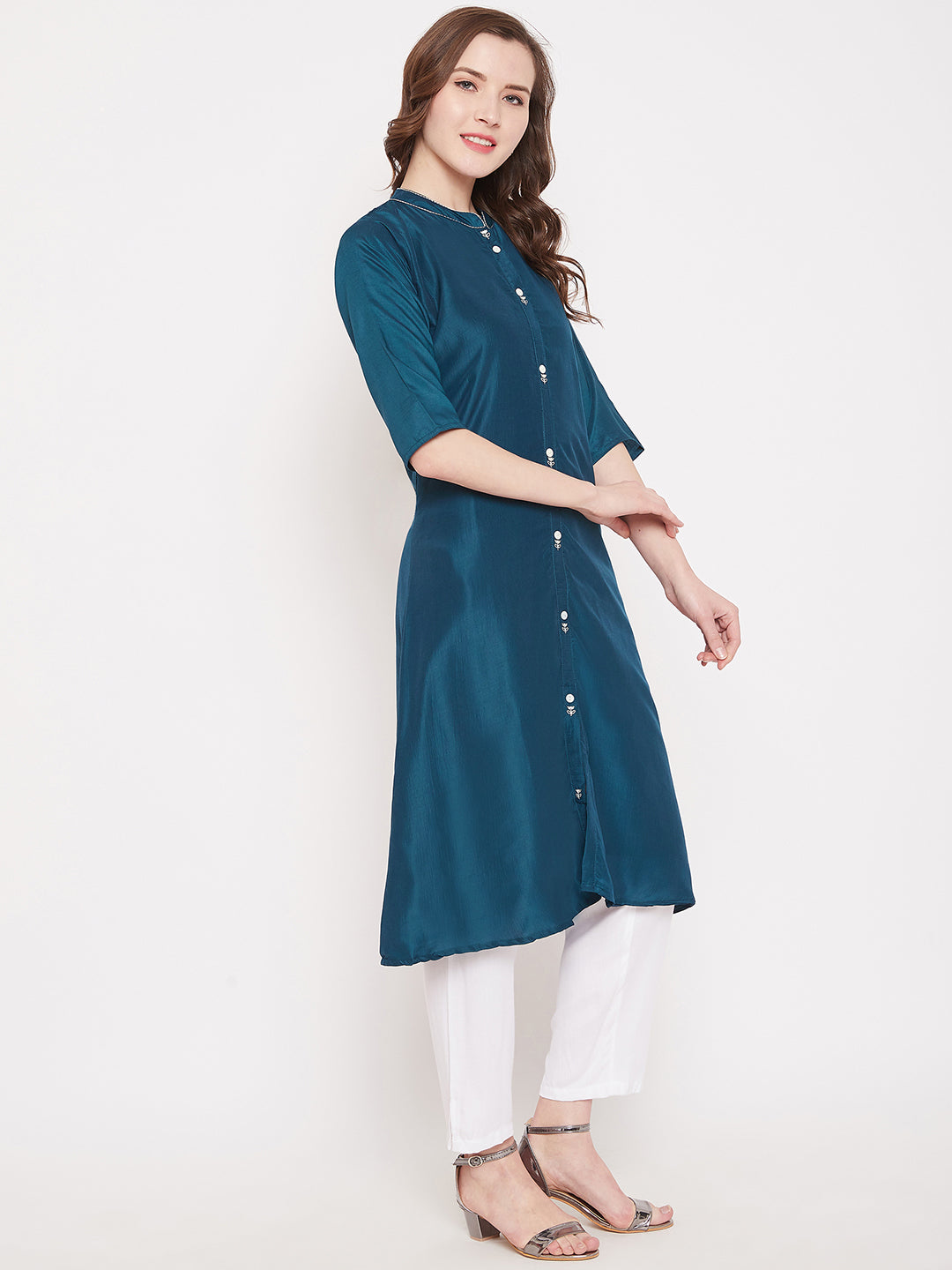 Peacock Blue Embroidery Solid Color Kurti