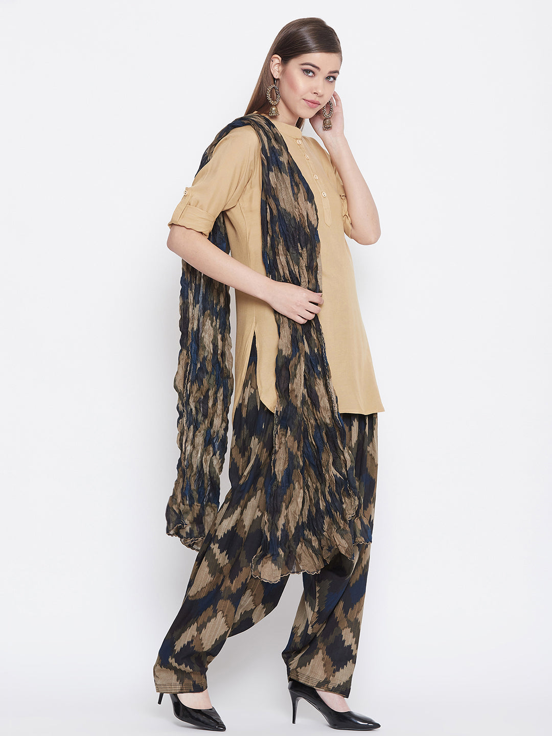 Ikat Print Patiala with Tan Brown Kurti Set