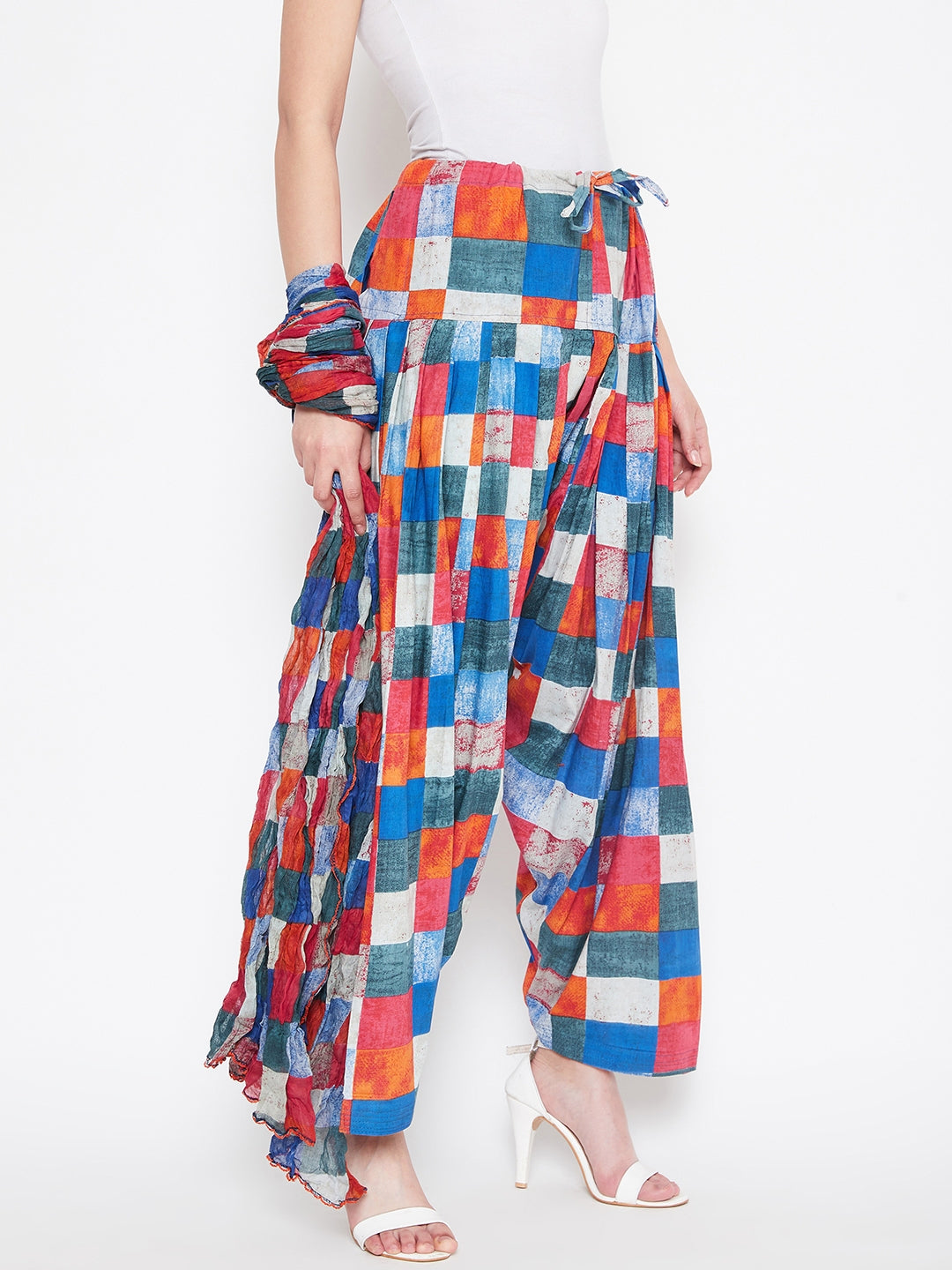 Multicolour Checks Printed Cotton Patiala with Dupatta