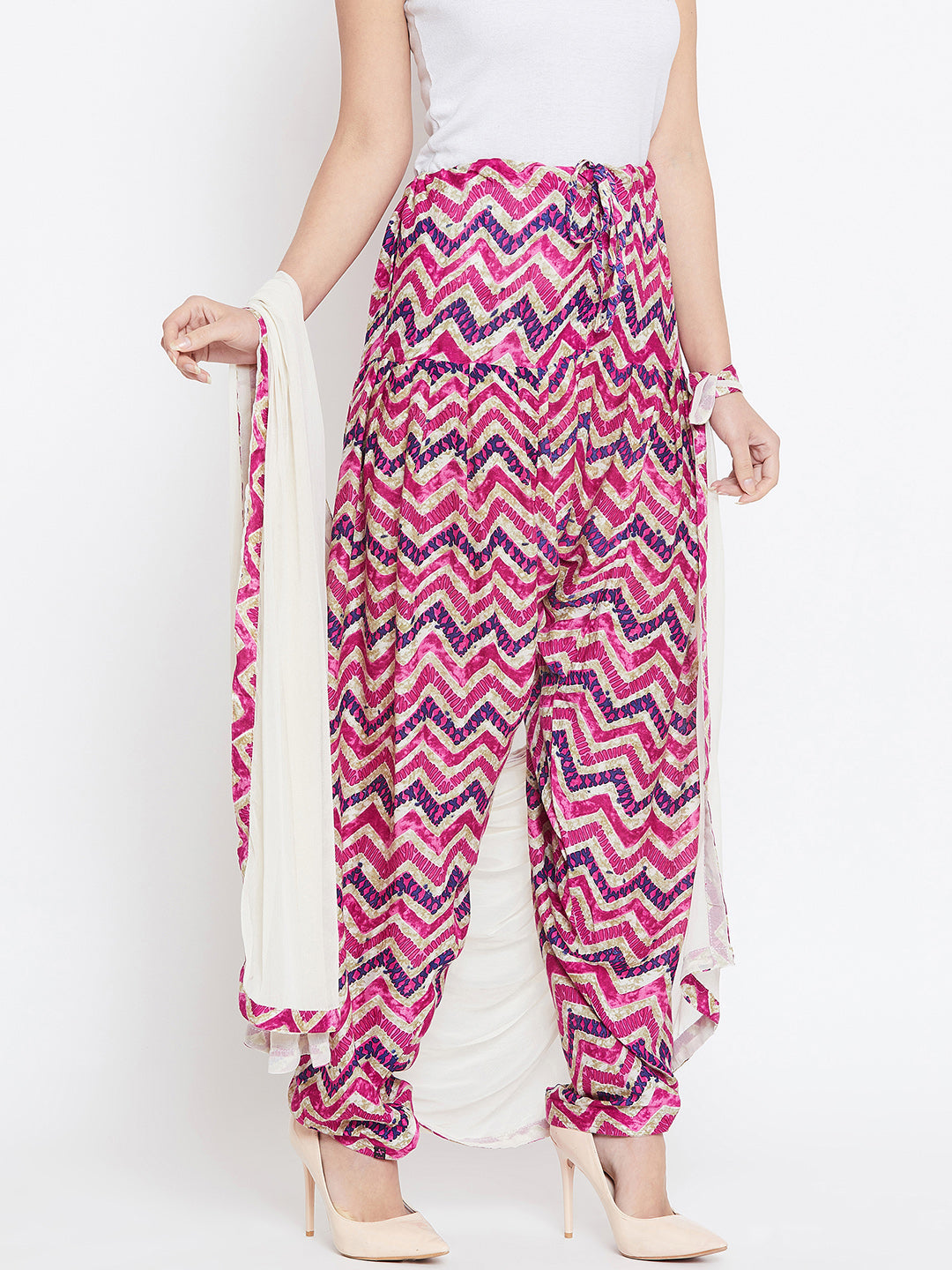 Pink and Navy Blue Chevron Printed Rayon Patiala with Dupatta