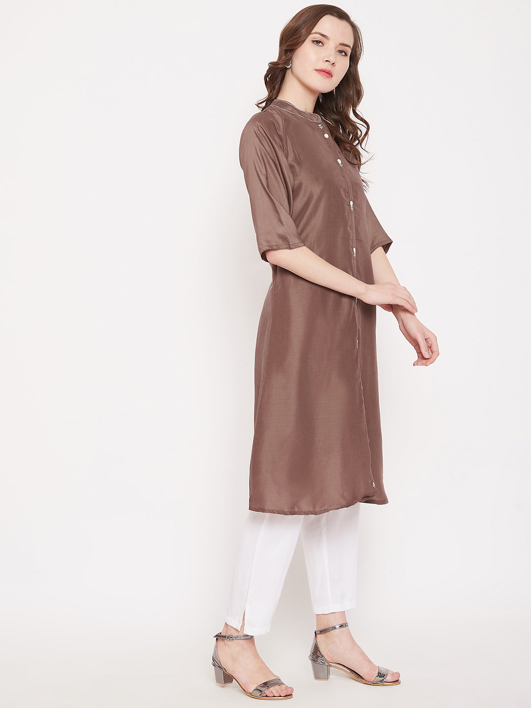Brown Embroidery Solid Color Kurti