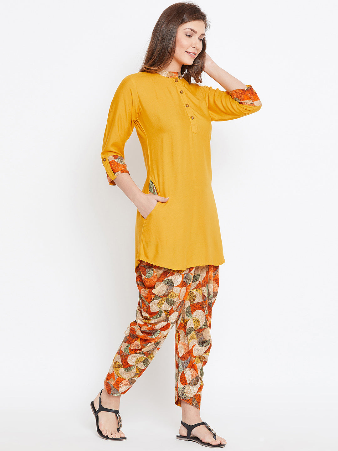 Mango Yellow with Geometric Print Dhoti Set