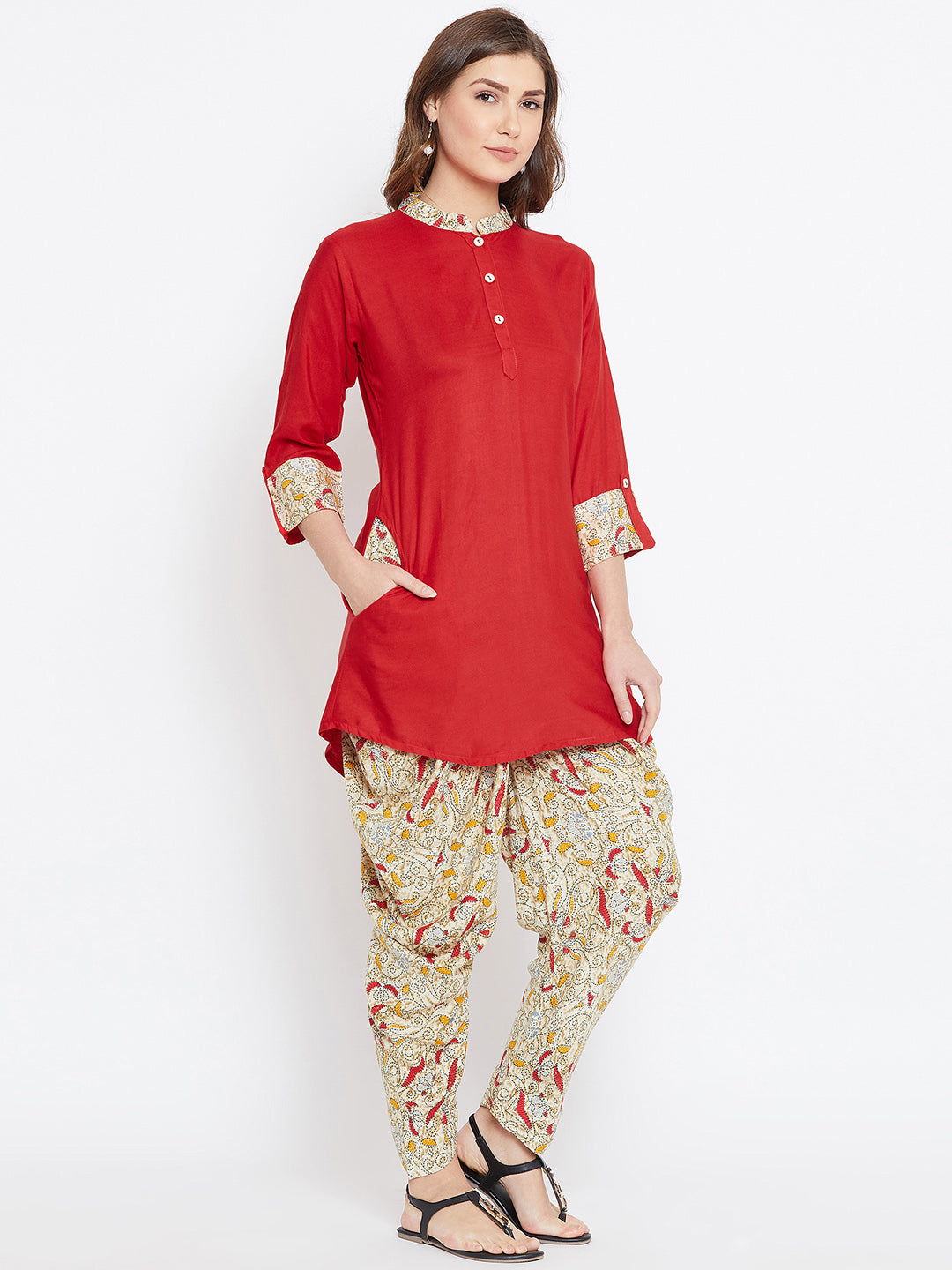 Red with Knitted Swirls Print Dhoti Set