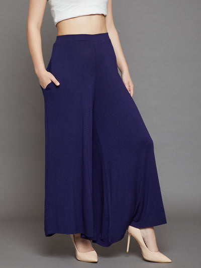 Navy Blue Plain Viscose Palazzo 2XL