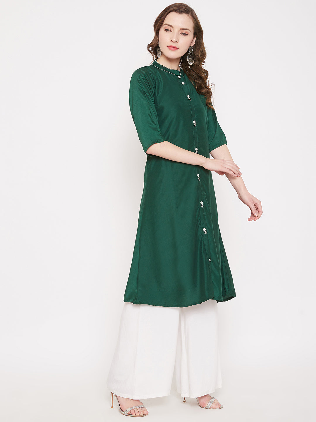 Bottle Green Embroidery Solid Color Kurti