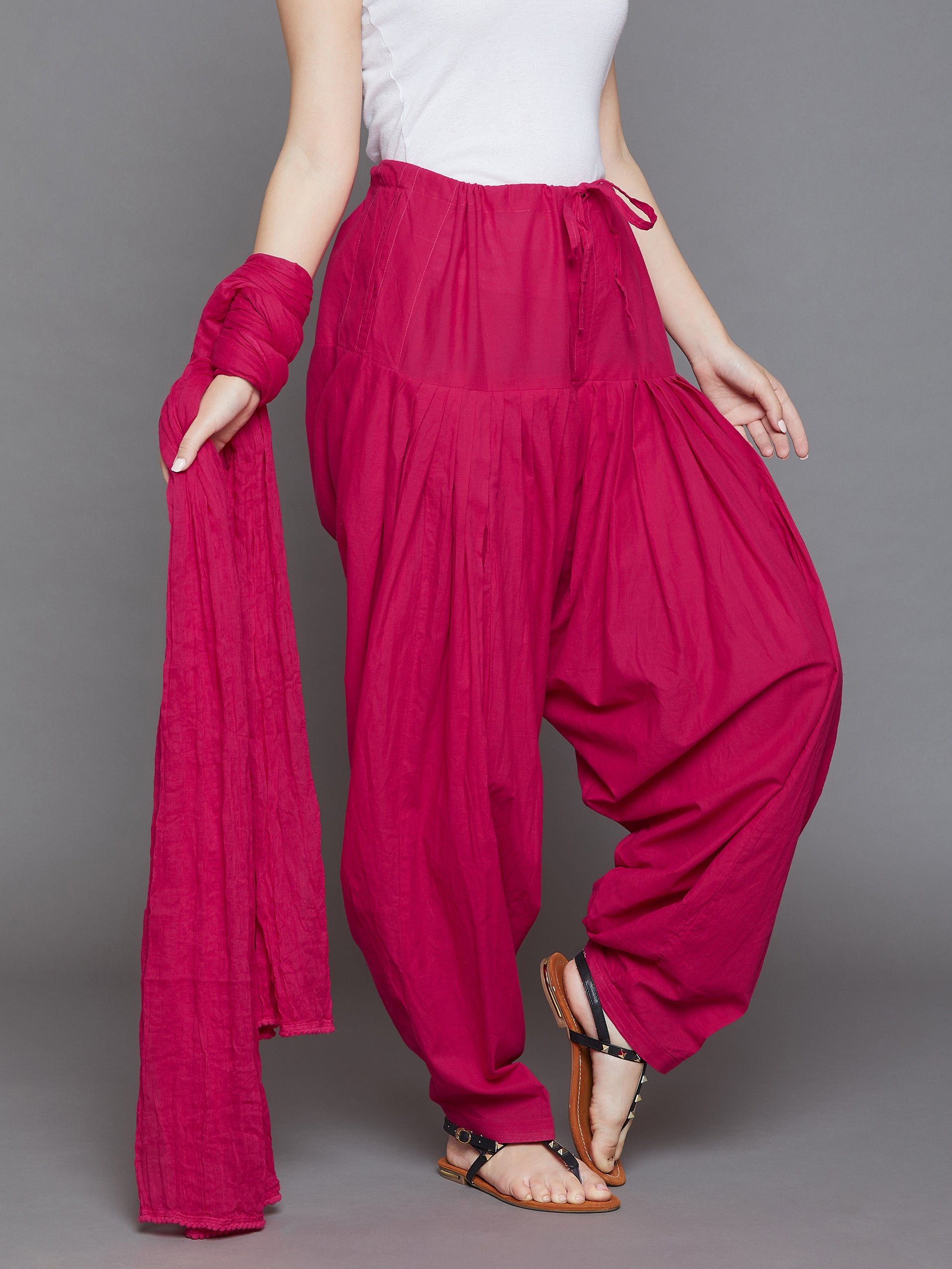 Rani Pink Cotton Plain Patiala with Dupatta