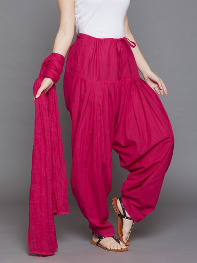 Rani Pink Cotton Plain Patiala with Dupatta