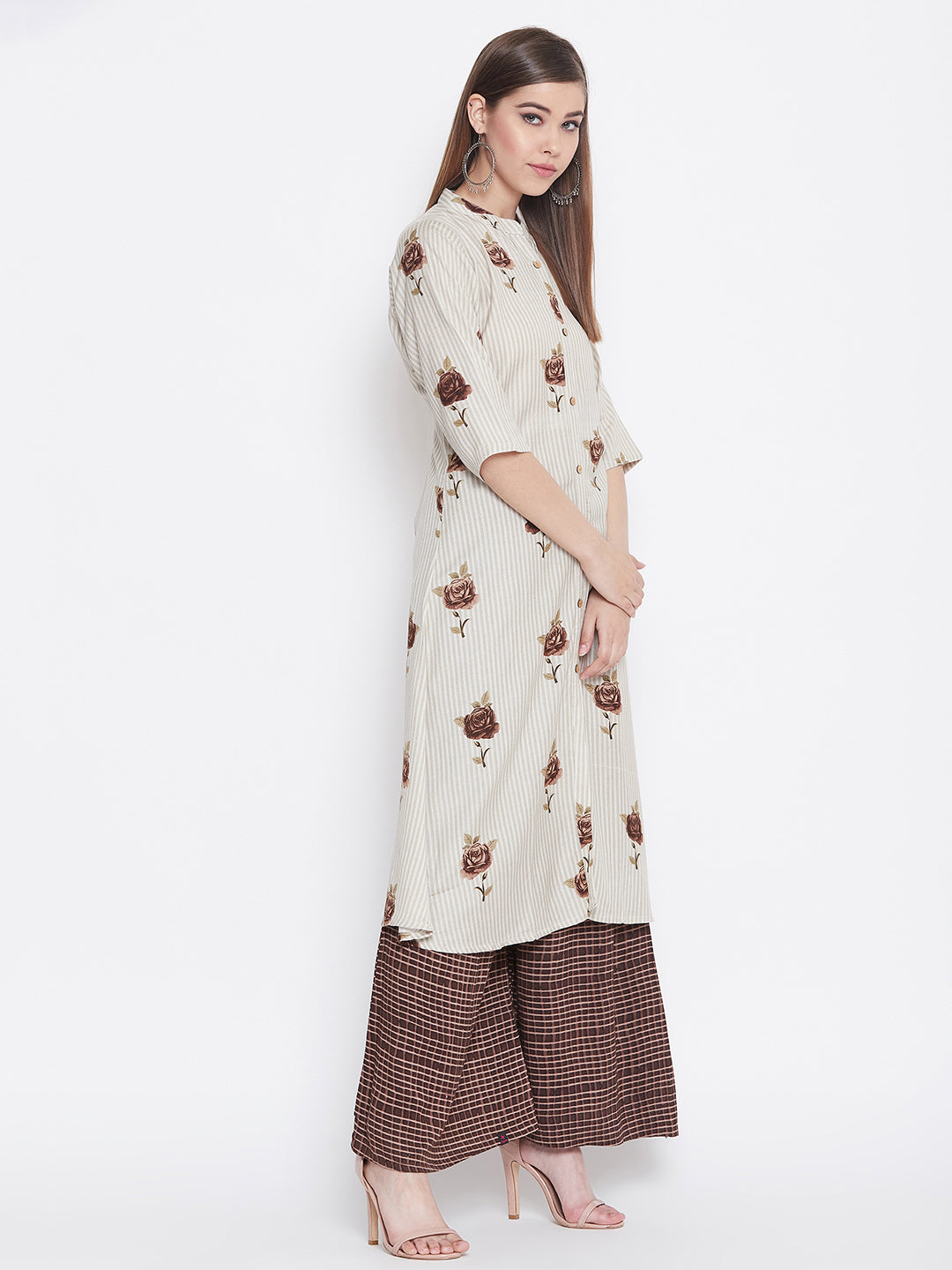 Rose Printed brown and White Kurti with Palazzo