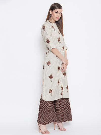 Rose Printed brown and White Kurti with Palazzo