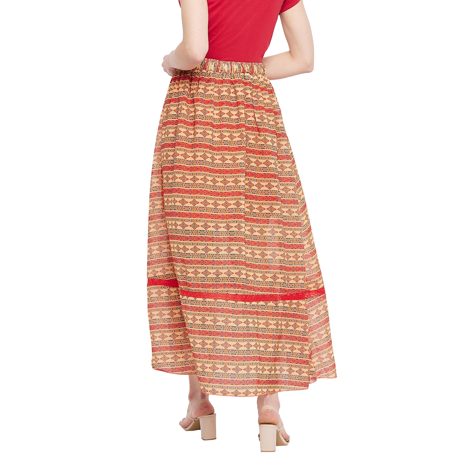 Abstract Print Red Net Lace Skirt