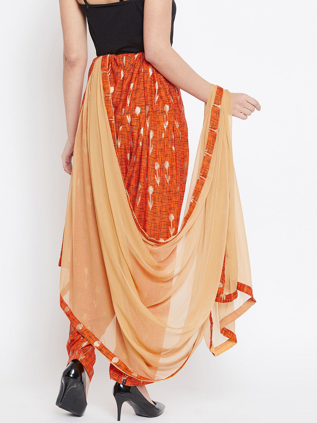 Orange Abstract with Foil Print Rayon Patiala with Dupatta