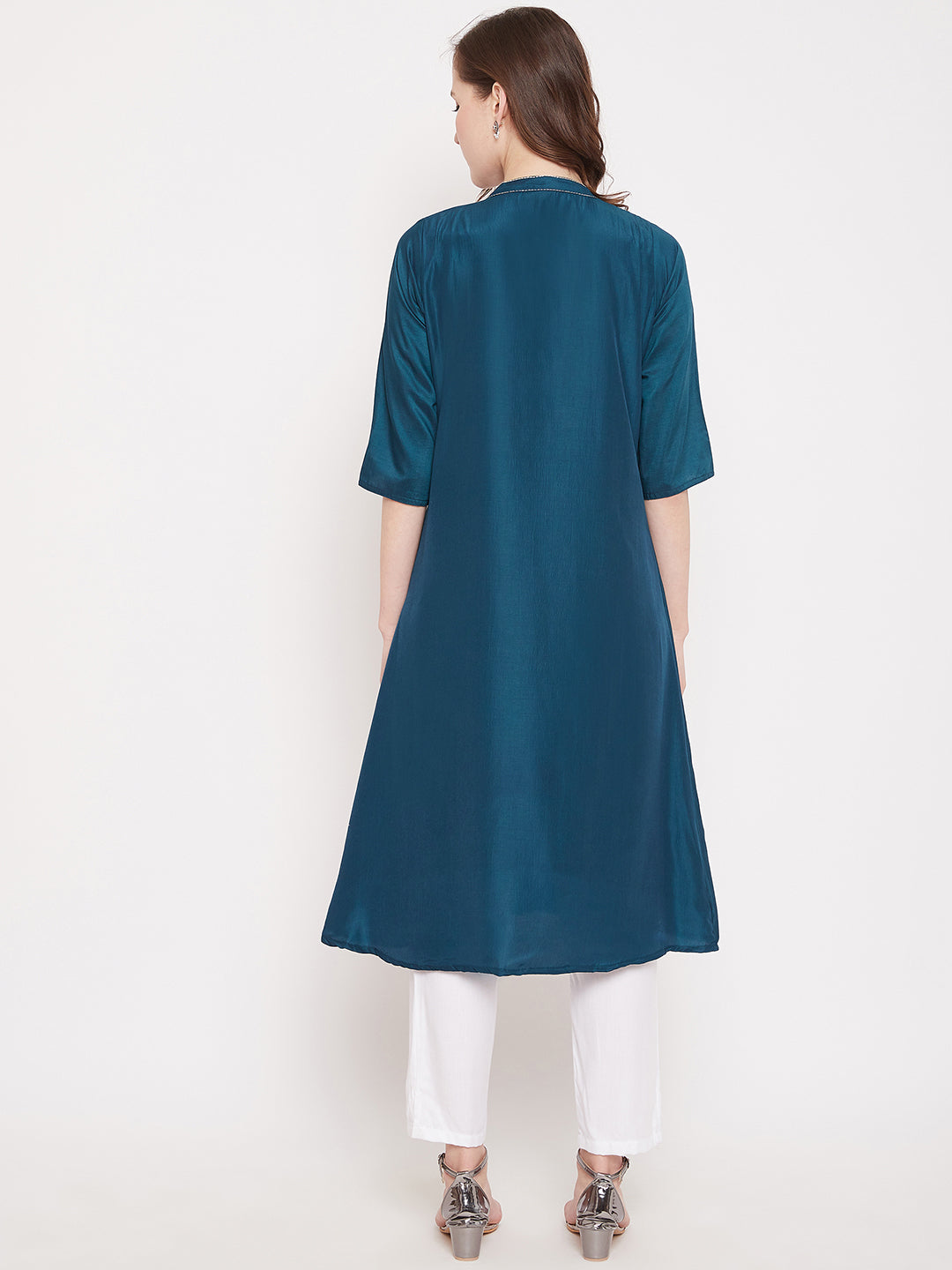 Peacock Blue Embroidery Solid Color Kurti