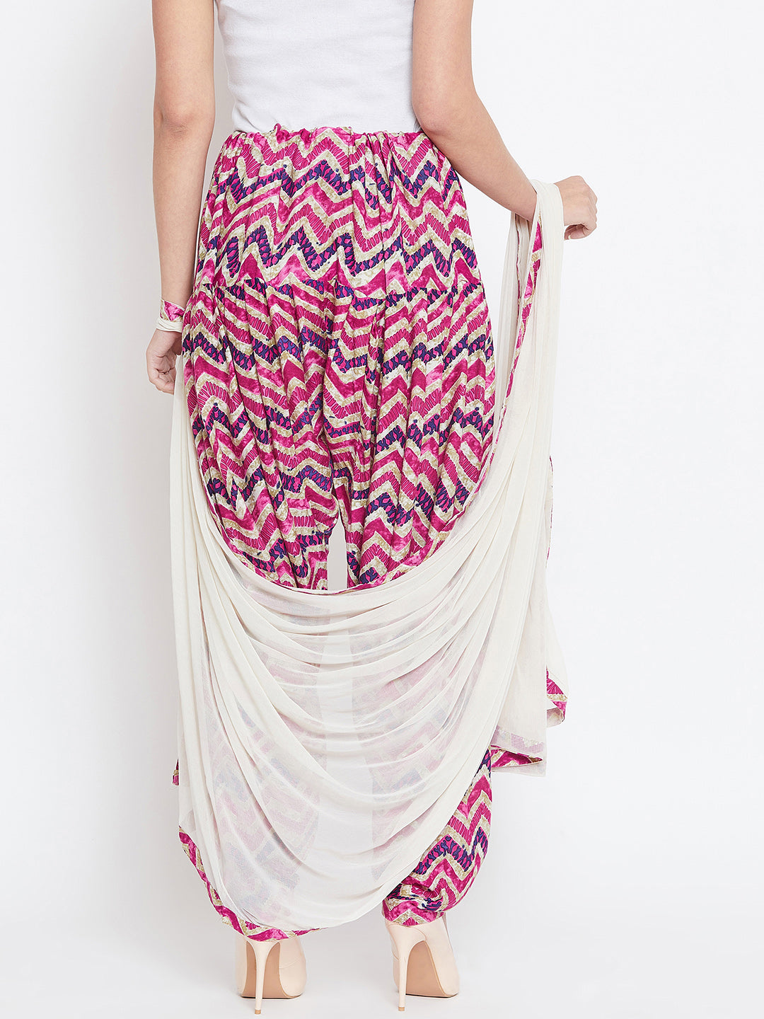 Pink and Navy Blue Chevron Printed Rayon Patiala with Dupatta