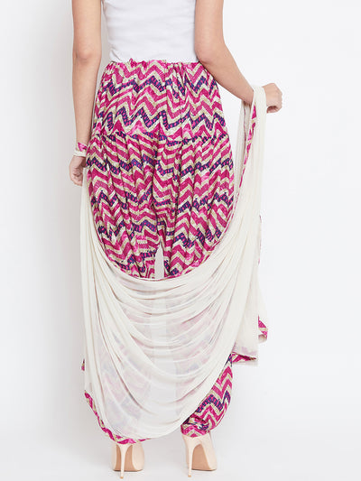 Pink and Navy Blue Chevron Printed Rayon Patiala with Dupatta