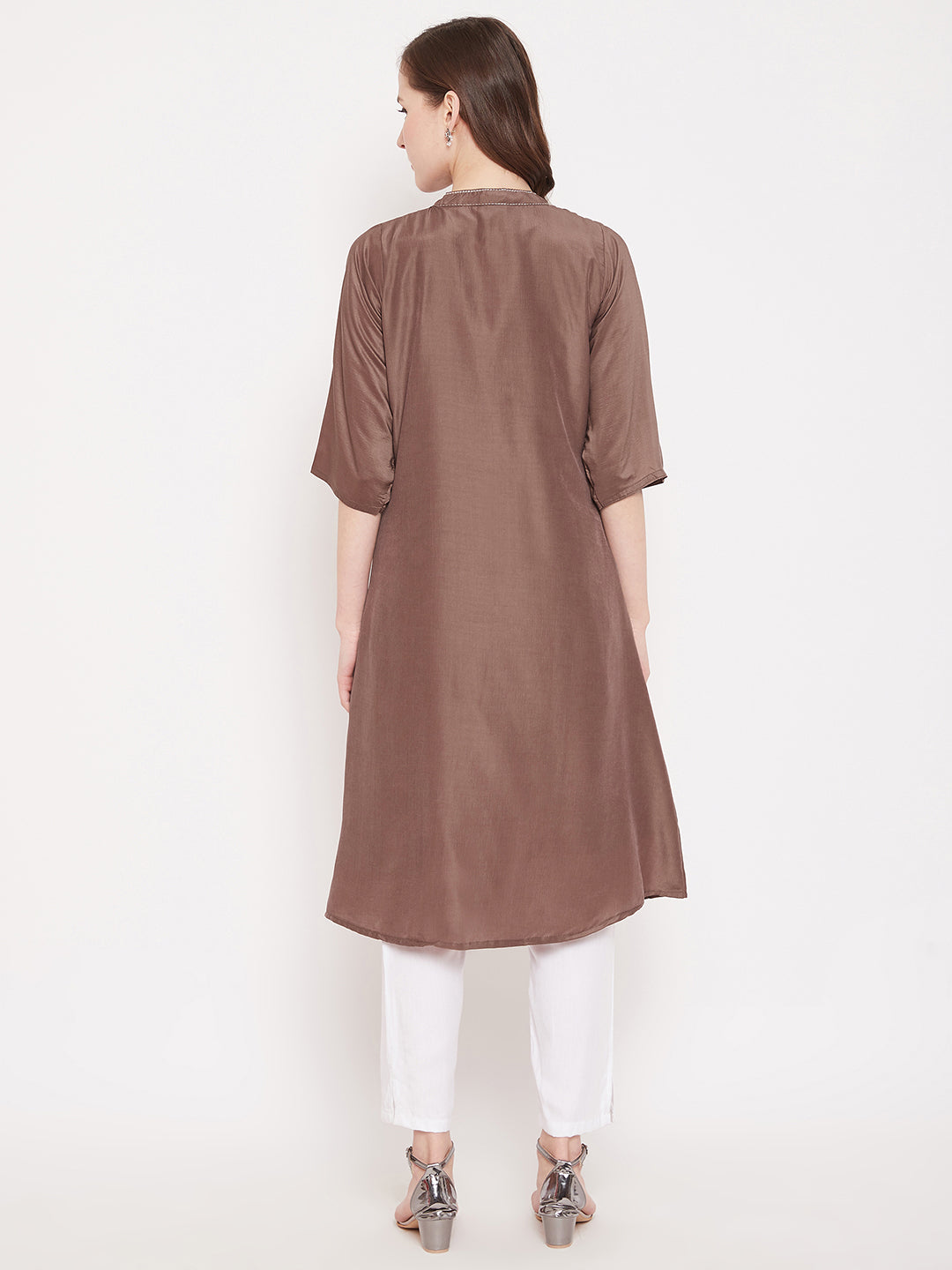 Brown Embroidery Solid Color Kurti