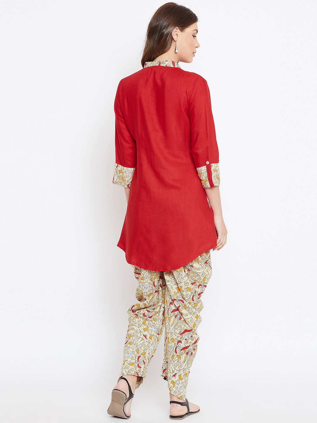 Red with Knitted Swirls Print Dhoti Set