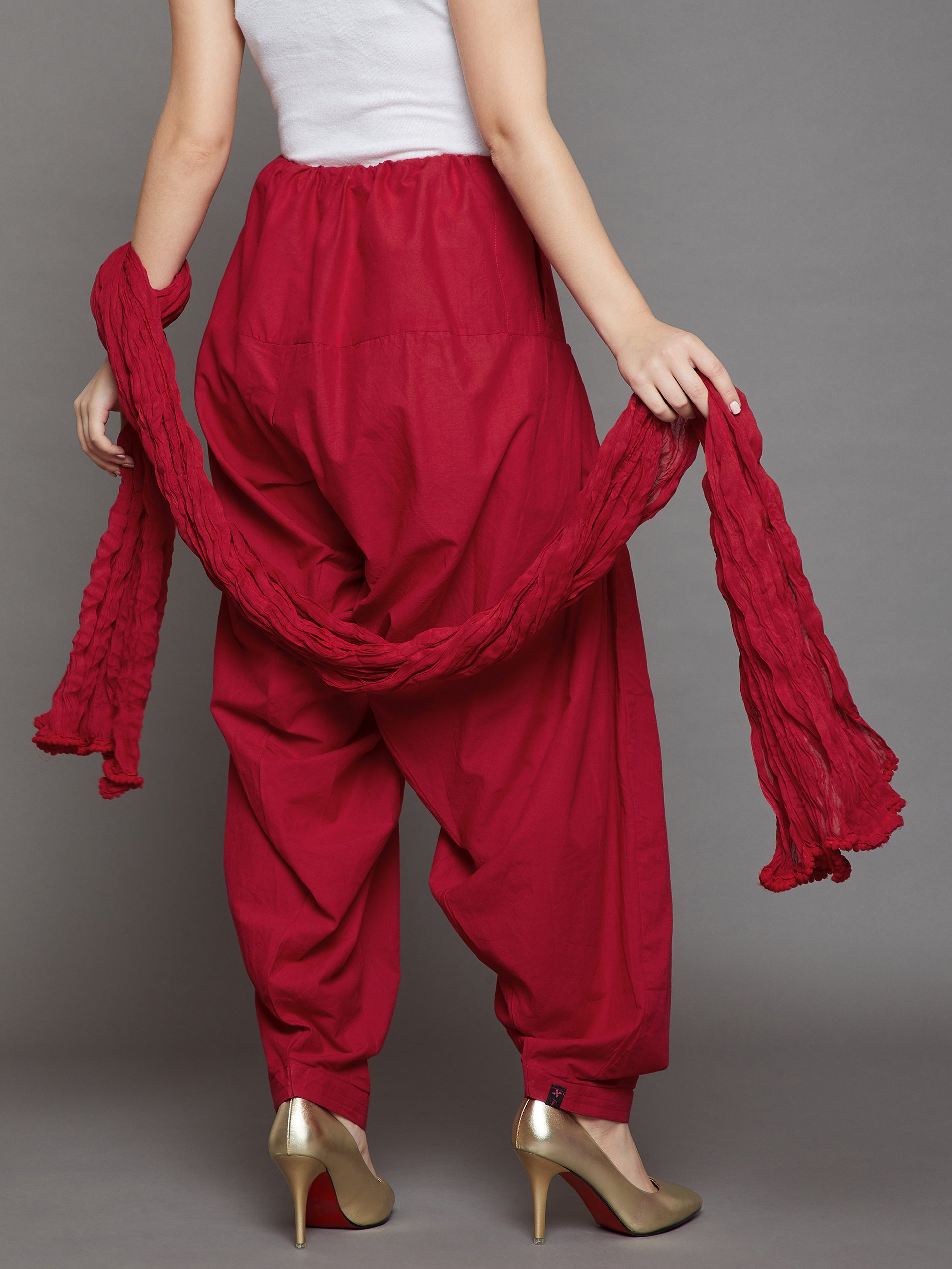 Red Cotton Plain Patiala with Dupatta