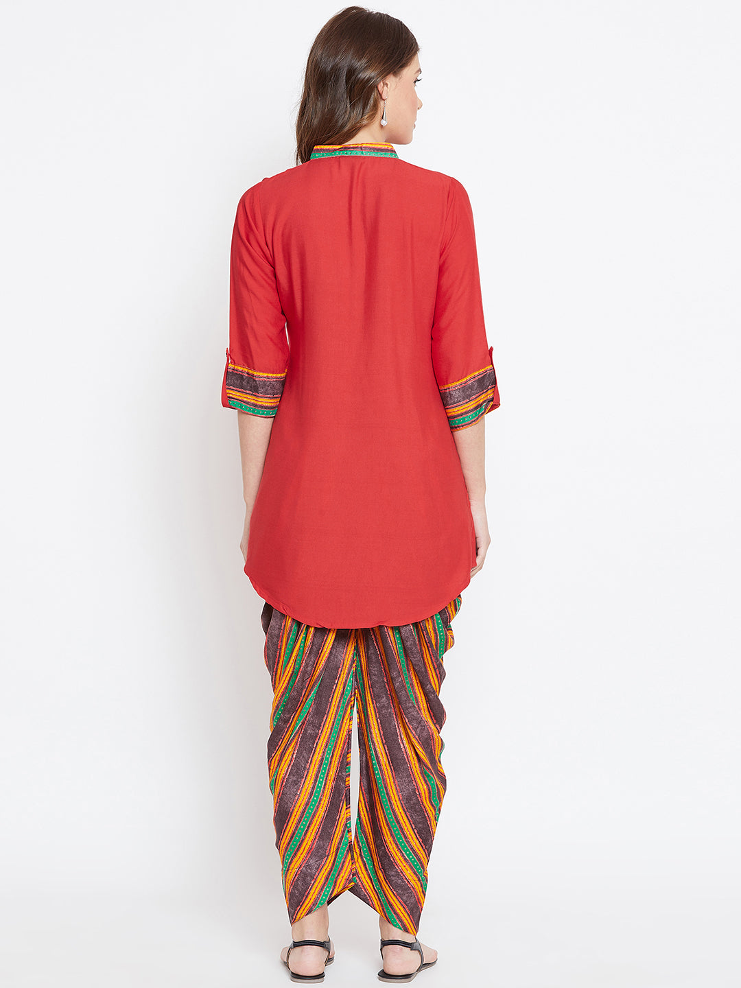 Red with Multi-striped Print Dhoti Set