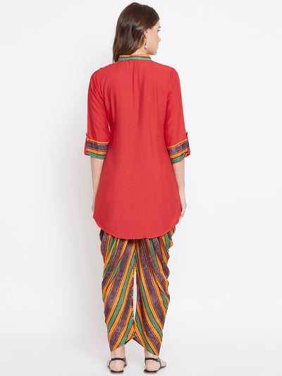 Red with Multi-striped Print Dhoti Set