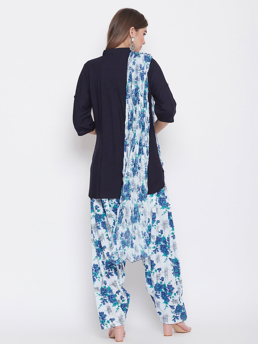 Blue Floral Printed Cotton Patiala with Dupatta