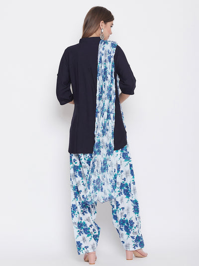 Blue Floral Printed Cotton Patiala with Dupatta