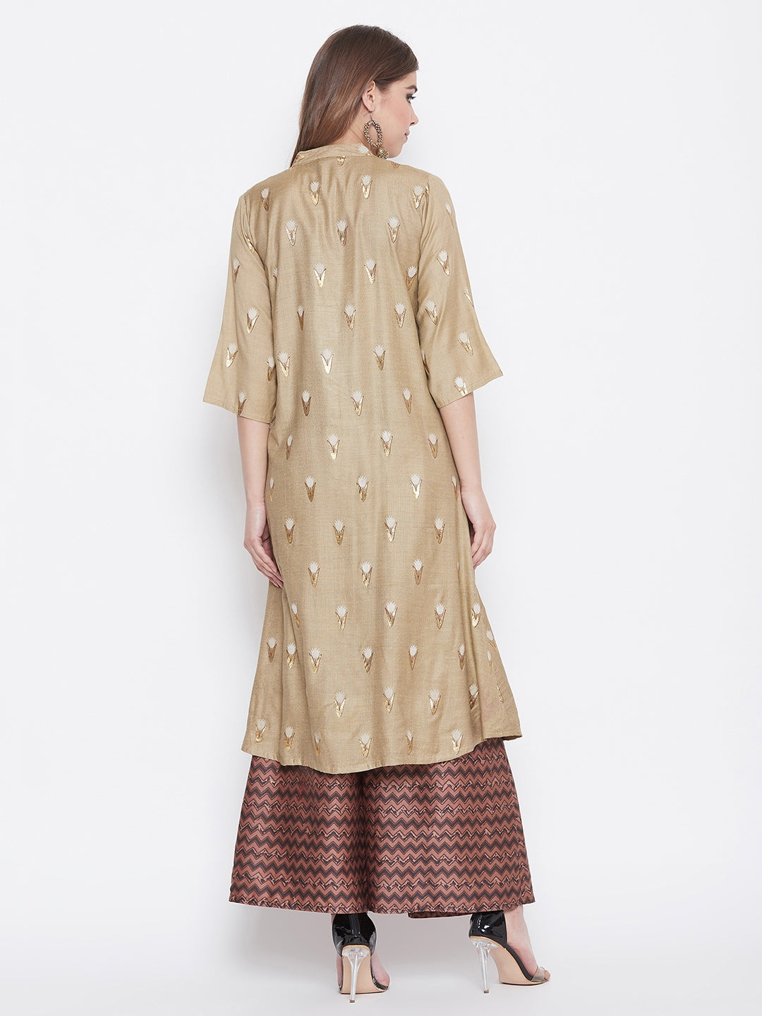 Glitter Printed Tan brown and Redwood Kurti with Palazzo