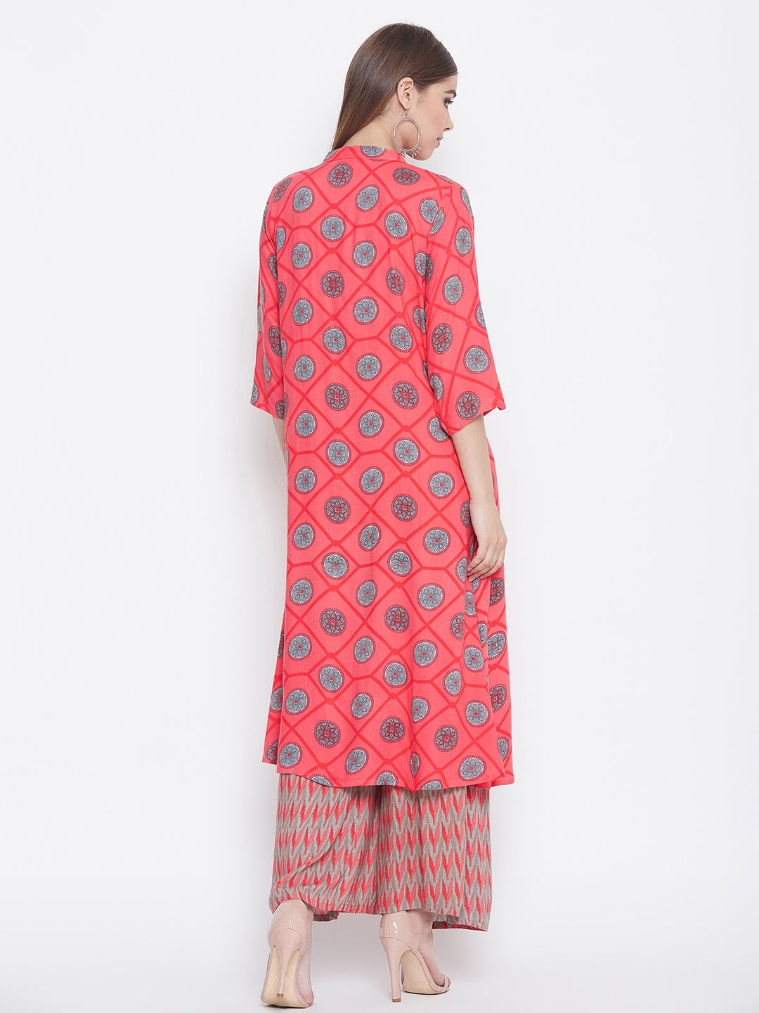 Traditional Printed Coral Kurti with Palazzo
