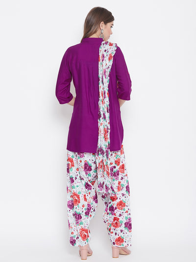 Floral Print Patiala with Purple Kurti Set