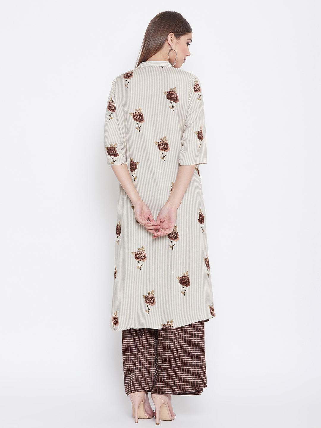 Rose Printed brown and White Kurti with Palazzo