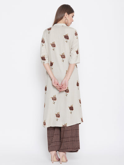 Rose Printed brown and White Kurti with Palazzo