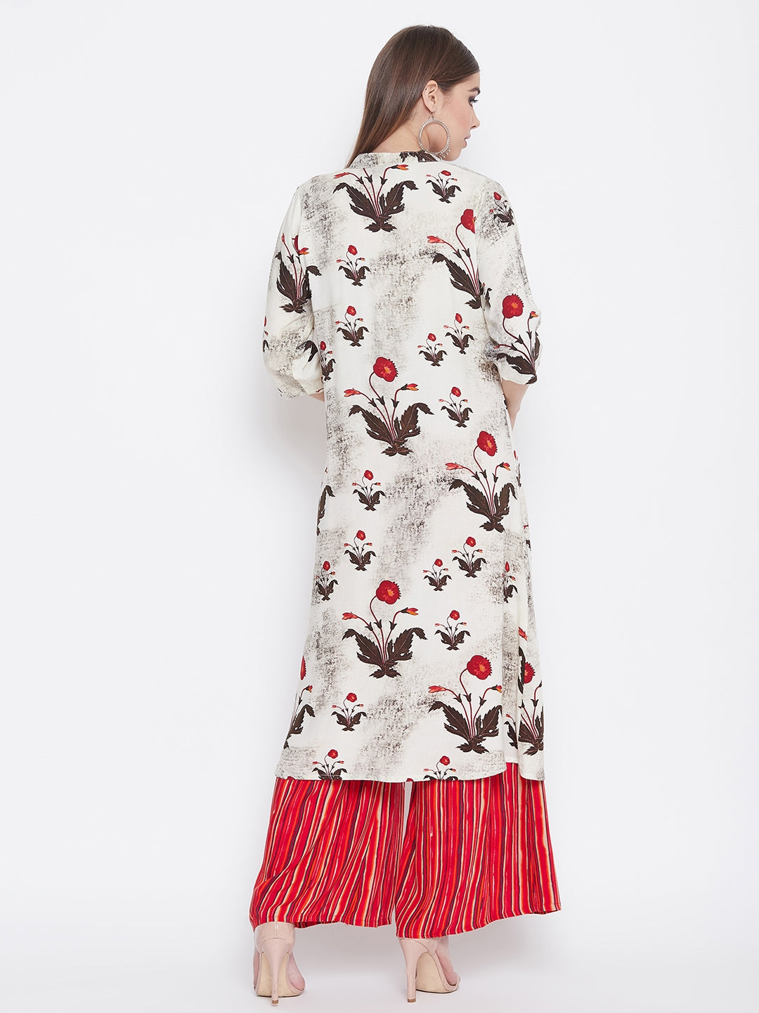 Floral Printed White and Red Kurti with Palazzo