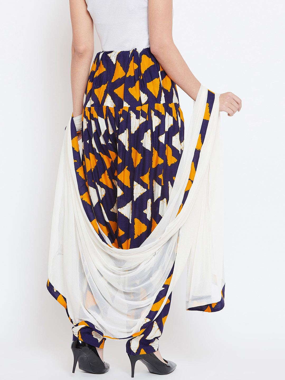 Orange & Navy Blue Geometrical Print Rayon Patiala with Dupatta