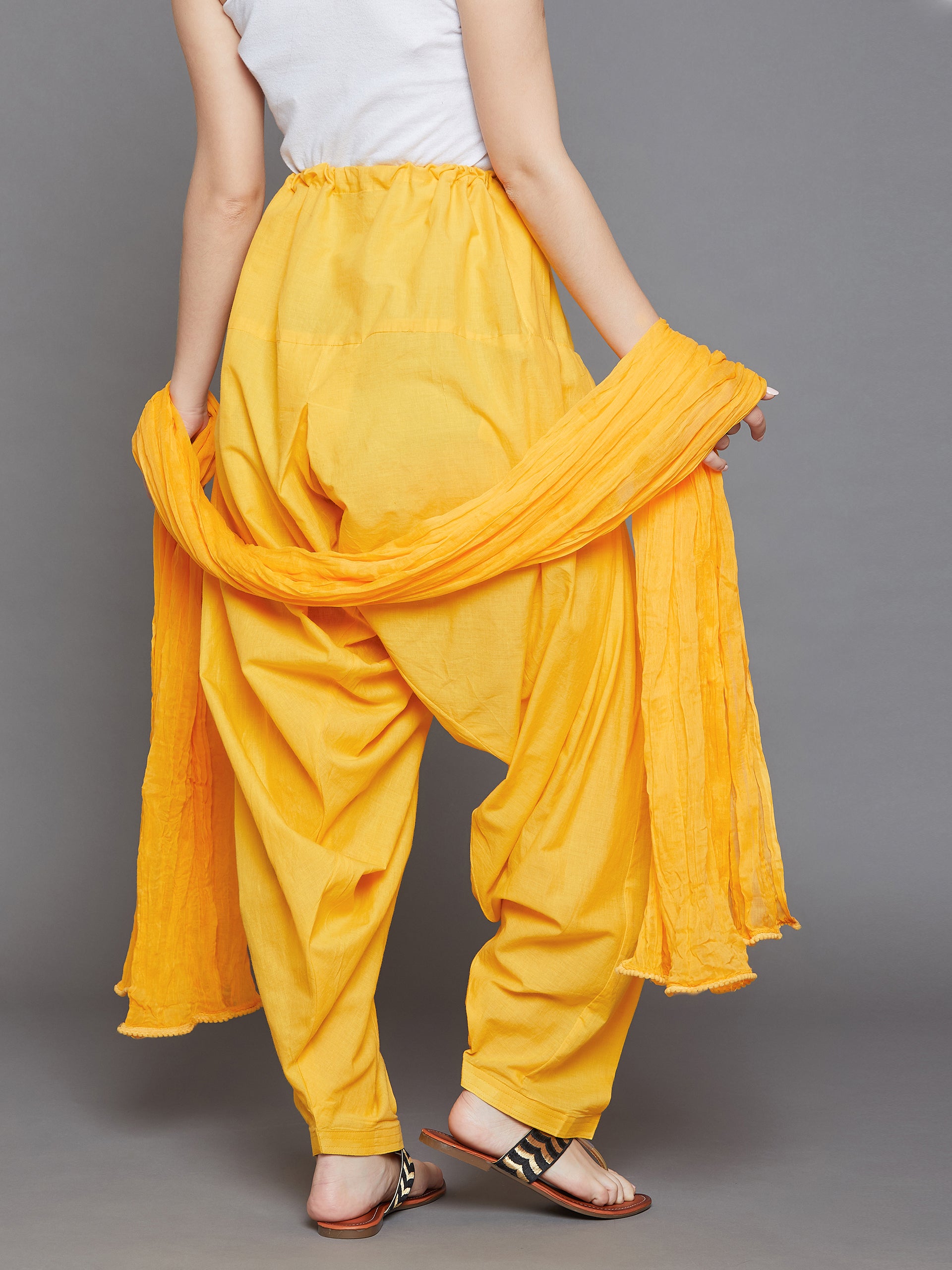 Yellow Cotton Plain Patiala with Dupatta
