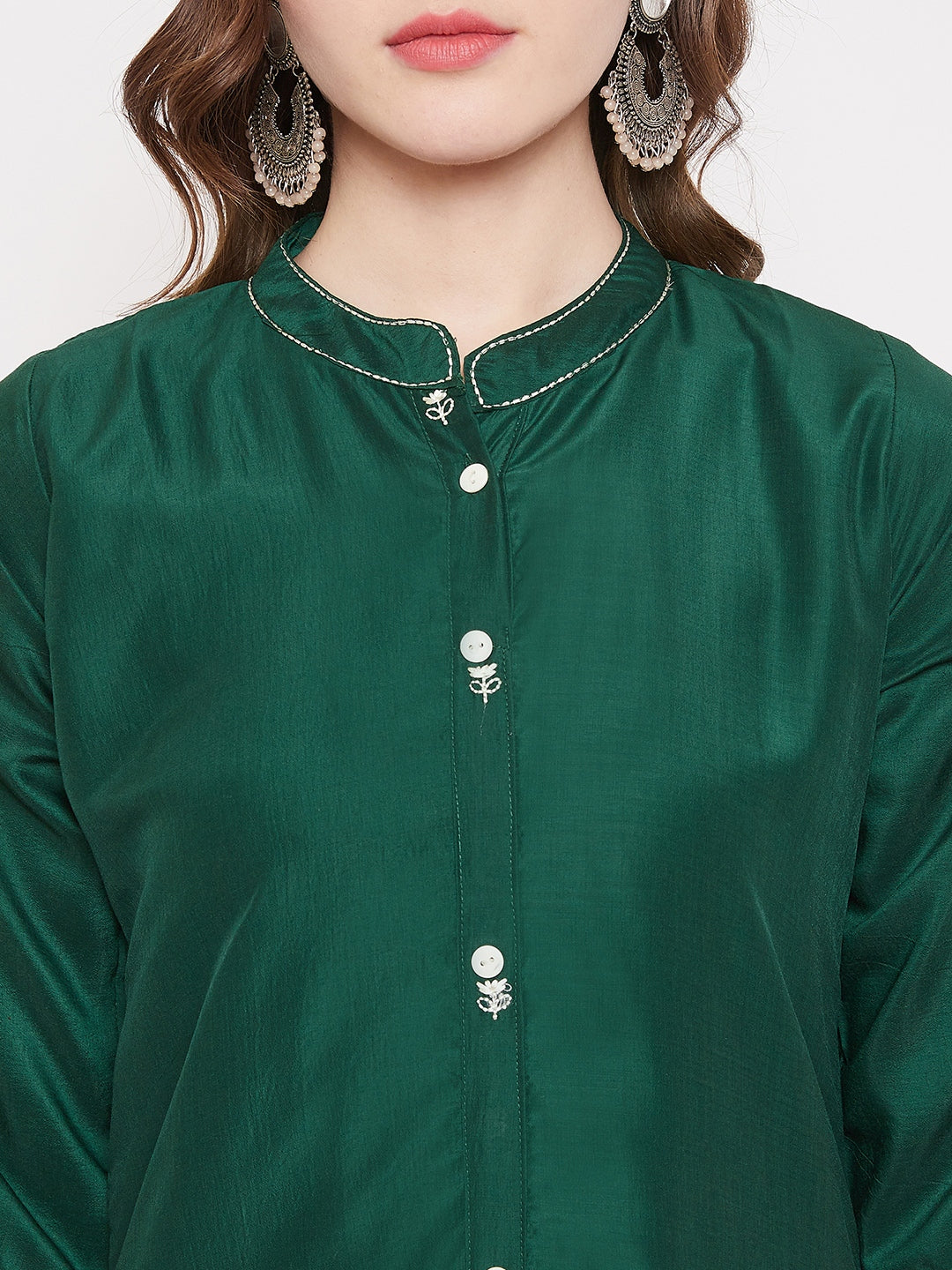 Bottle Green Embroidery Solid Color Kurti