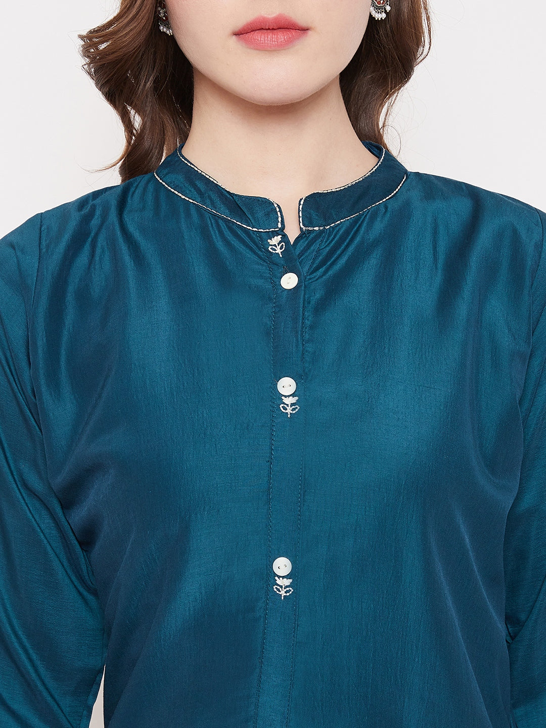 Peacock Blue Embroidery Solid Color Kurti