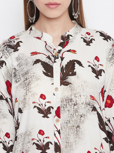 Floral Printed White and Red Kurti with Palazzo
