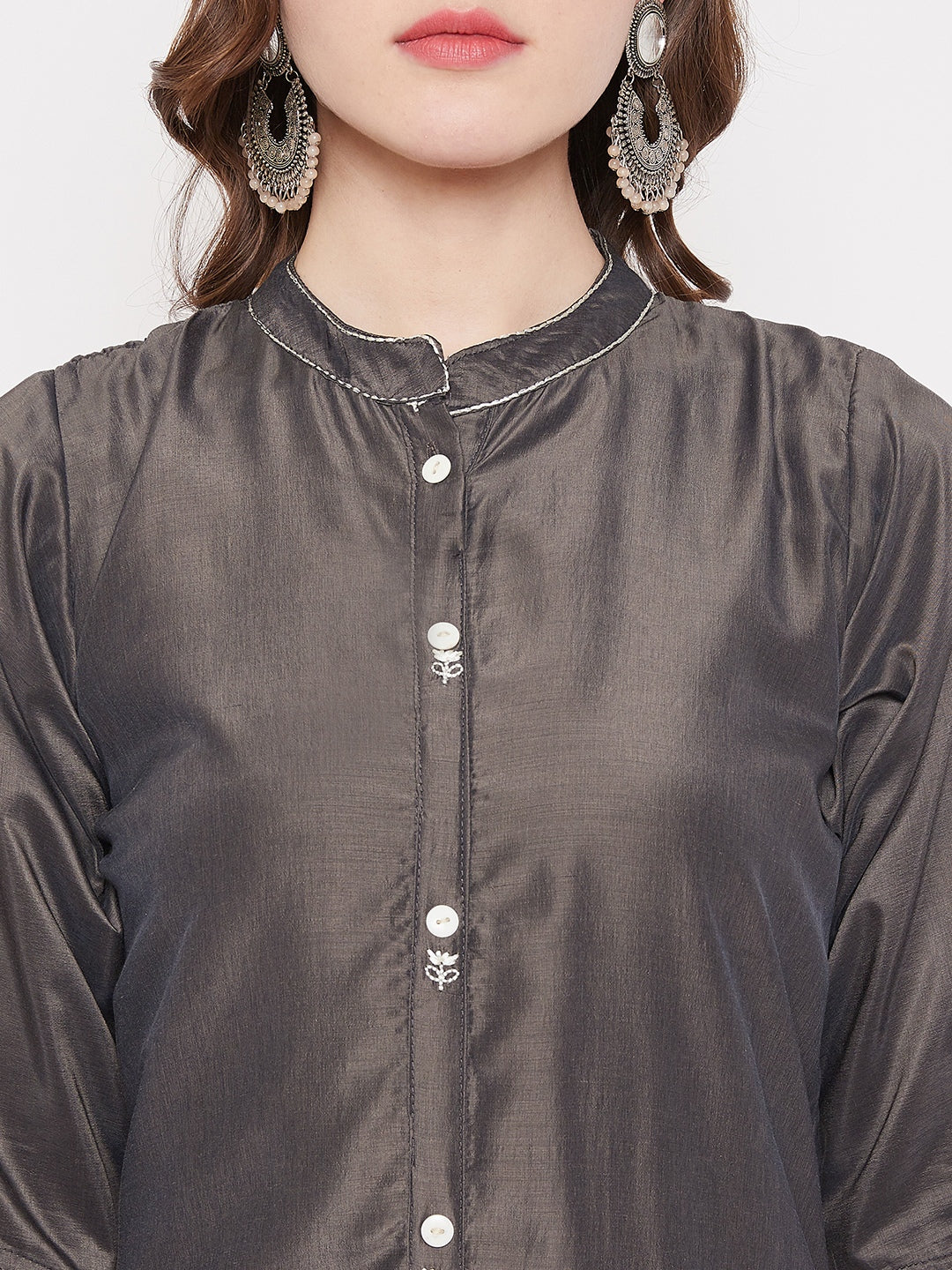 Ash Grey Embroidery Solid Color Kurti