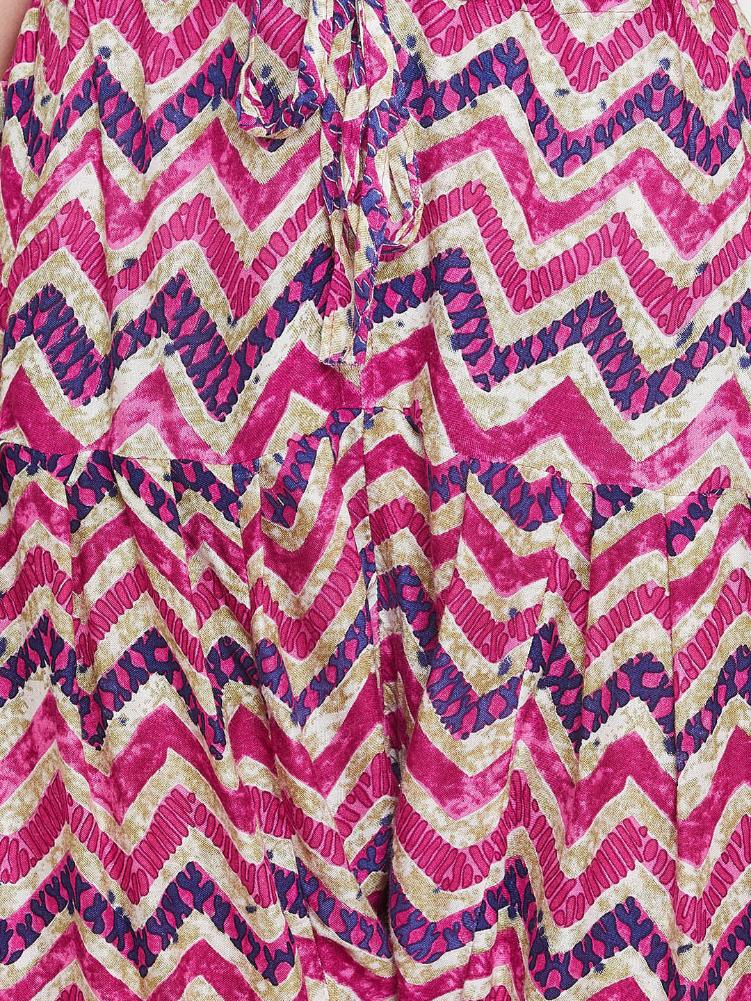 Pink and Navy Blue Chevron Printed Rayon Patiala with Dupatta