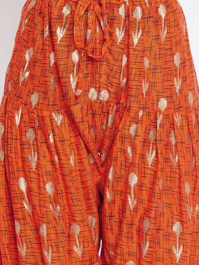 Orange Abstract with Foil Print Rayon Patiala with Dupatta
