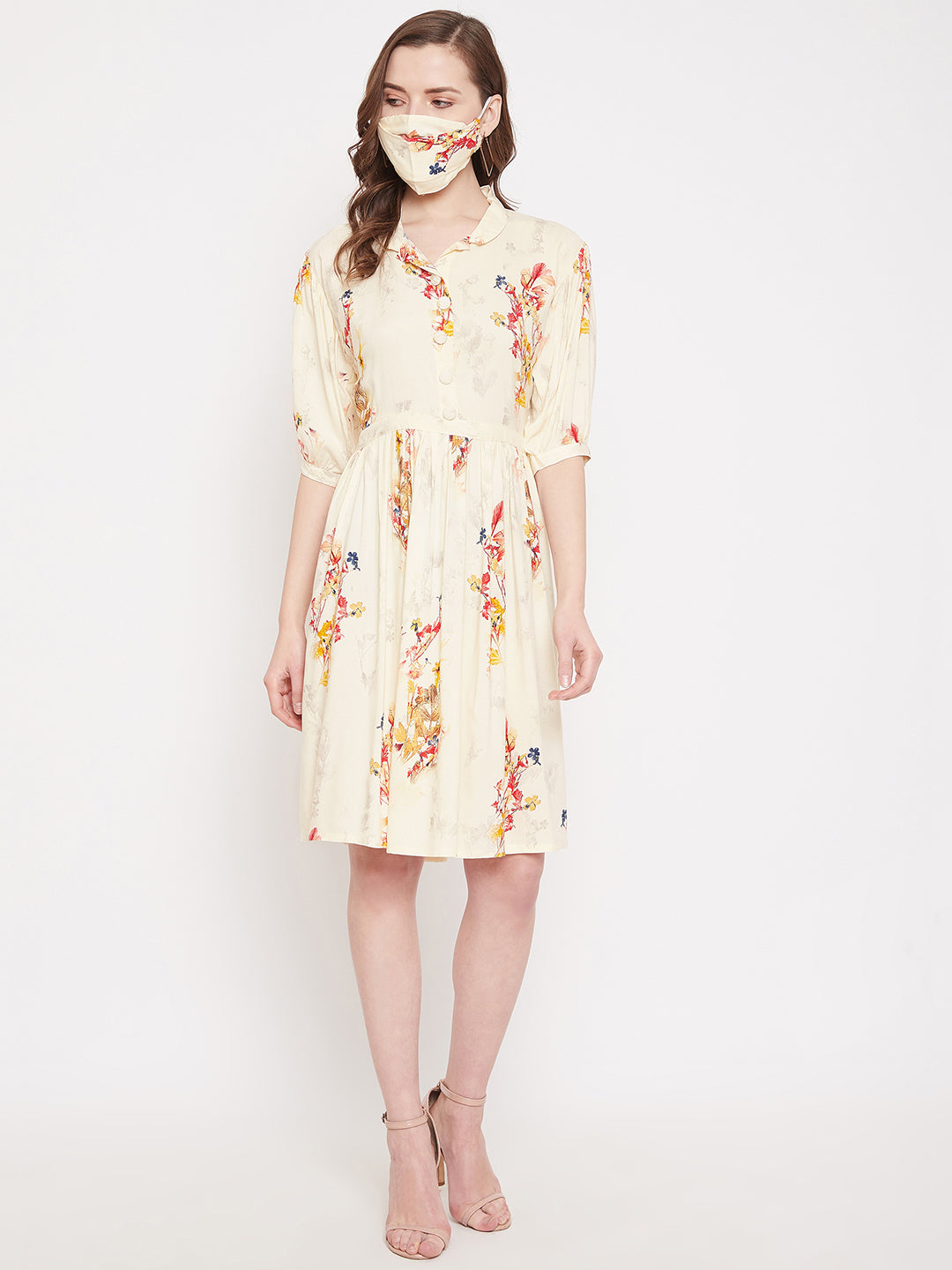 Womens rayon printed dress with matching mask